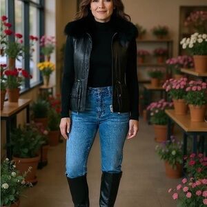 MICHAEL Michael Kors Black Leather Vest with Detachable Faux Fur Collar